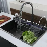 Chiuvetă modernă de bucătărie culoare :negru , multifuncțională, duș extractibil, spălător pahare, filtrare apă, inox, calitate premium, accesorii incluse dimensiuni 800*460*220mm