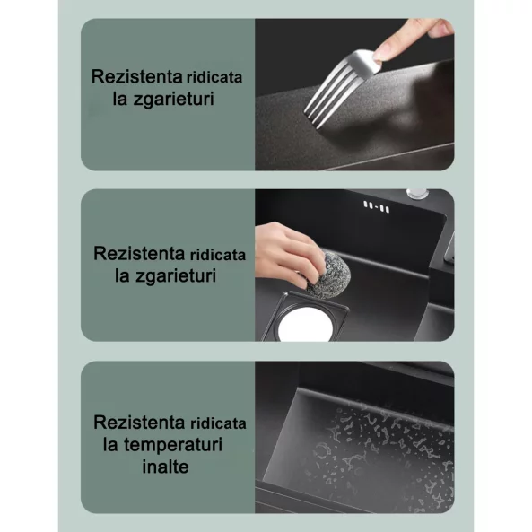 Chiuvetă modernă de bucătărie culoare :auriu, multifuncțională, duș extractibil, spălător pahare, filtrare apă, inox, calitate premium, accesorii incluse dimensiuni 750*460*220mm