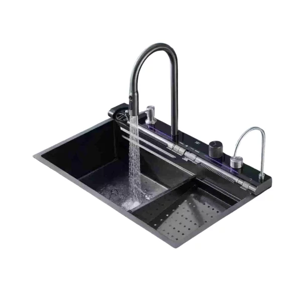 Chiuvetă modernă de bucătărie culoare :negru , multifuncțională, duș extractibil, spălător pahare, filtrare apă, inox, calitate premium, accesorii incluse dimensiuni 750*460*220mm