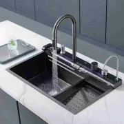 Chiuvetă modernă de bucătărie culoare :negru , multifuncțională, duș extractibil, spălător pahare, filtrare apă, inox, calitate premium, accesorii incluse dimensiuni 800*460*220mm