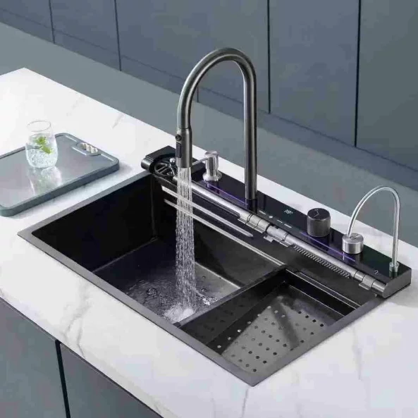 Chiuvetă modernă de bucătărie culoare :negru , multifuncțională, duș extractibil, spălător pahare, filtrare apă, inox, calitate premium, accesorii incluse dimensiuni 800*460*220mm