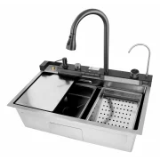 Chiuvetă modernă de bucătărie culoare :gri deschis, multifuncțională, duș extractibil, spălător pahare, filtrare apă, inox, calitate premium, accesorii incluse dimensiuni 680*460*220mm