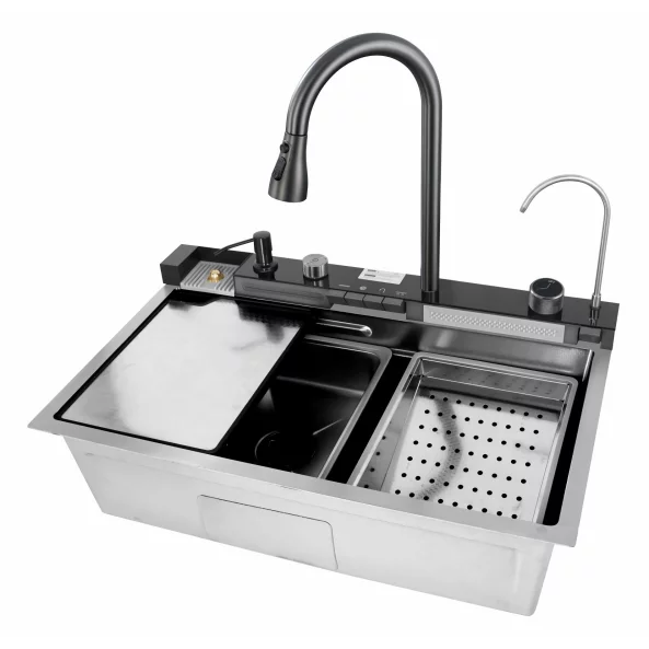 Chiuvetă modernă de bucătărie culoare :gri deschis, multifuncțională, duș extractibil, spălător pahare, filtrare apă, inox, calitate premium, accesorii incluse dimensiuni 680*460*220mm