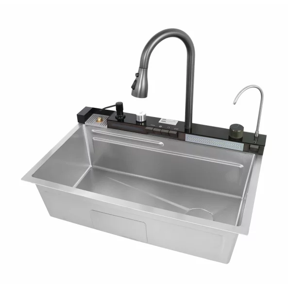 Chiuvetă modernă de bucătărie culoare :gri deschis, multifuncțională, duș extractibil, spălător pahare, filtrare apă, inox, calitate premium, accesorii incluse dimensiuni 680*460*220mm