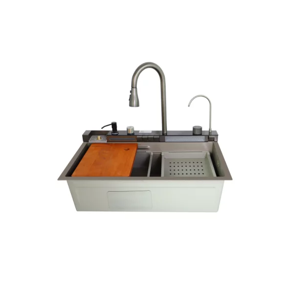 Chiuvetă modernă de bucătărie culoare :gri mat, multifuncțională, duș extractibil, spălător pahare, filtrare apă, inox, calitate premium, accesorii incluse dimensiuni 680*460*220mm