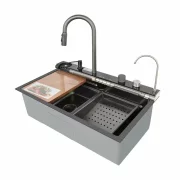 Chiuvetă modernă de bucătărie culoare :negru , multifuncțională, duș extractibil, spălător pahare, filtrare apă, inox, calitate premium, accesorii incluse dimensiuni 750*460*220mm