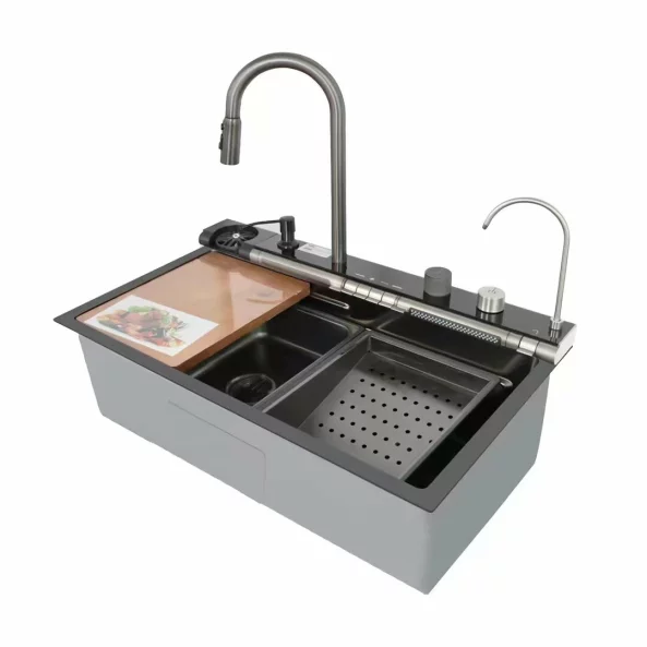 Chiuvetă modernă de bucătărie culoare :negru , multifuncțională, duș extractibil, spălător pahare, filtrare apă, inox, calitate premium, accesorii incluse dimensiuni 750*460*220mm